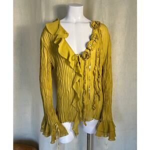 Kaelyn Max Y2K Medium Yellow Gauze Bell Sleeve Ribbons Fairycore Crinkle Blouse